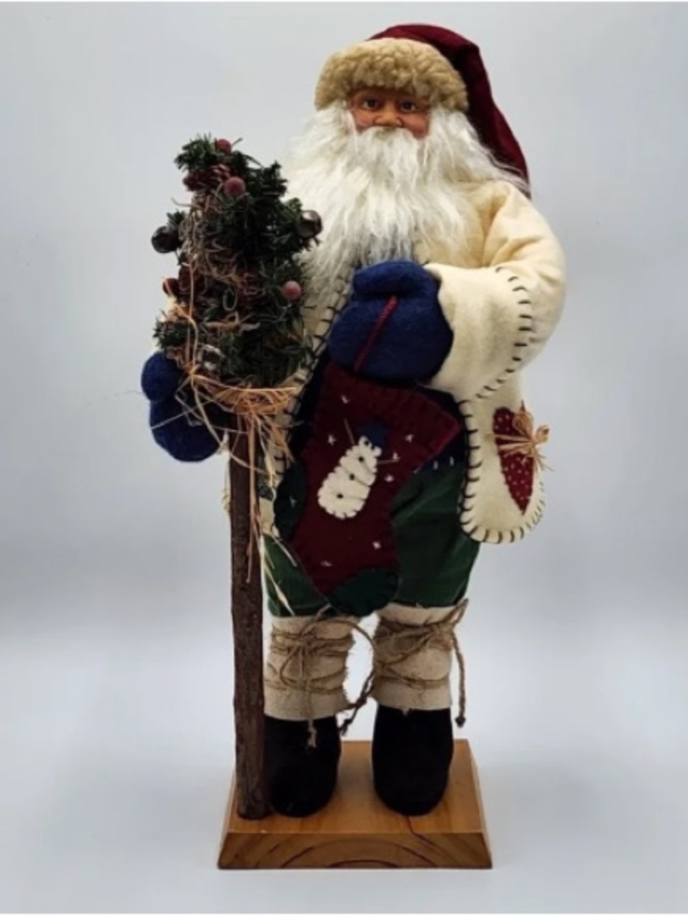 Rustic Holiday Santa Figurine in Cream Coat, Burgundy Hat & Green Pants
